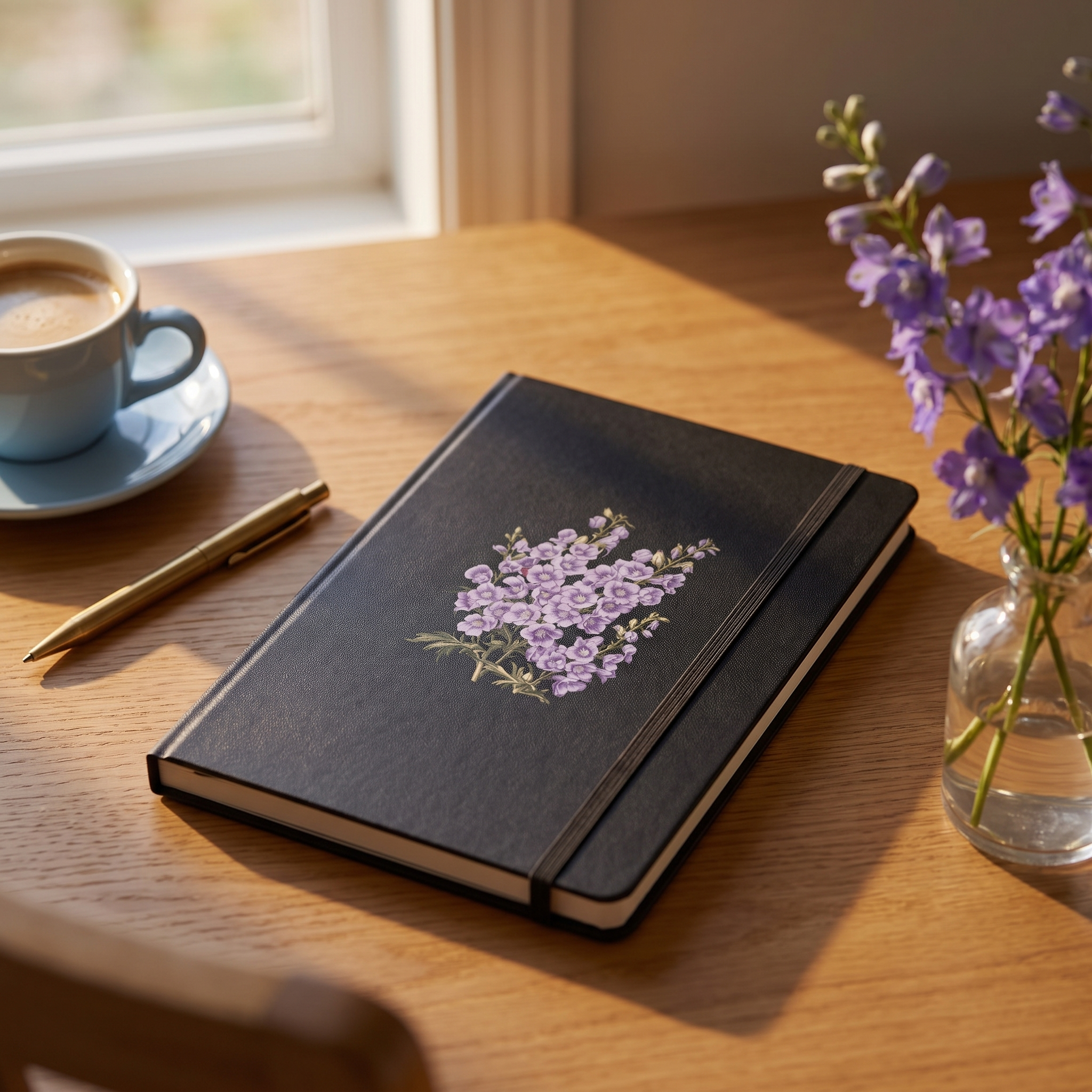 July Birth Month Flower - Larkspur Hardcover Bound Notebook - Celebrate with July's Vibrant Spirit! Available in 3 colors.