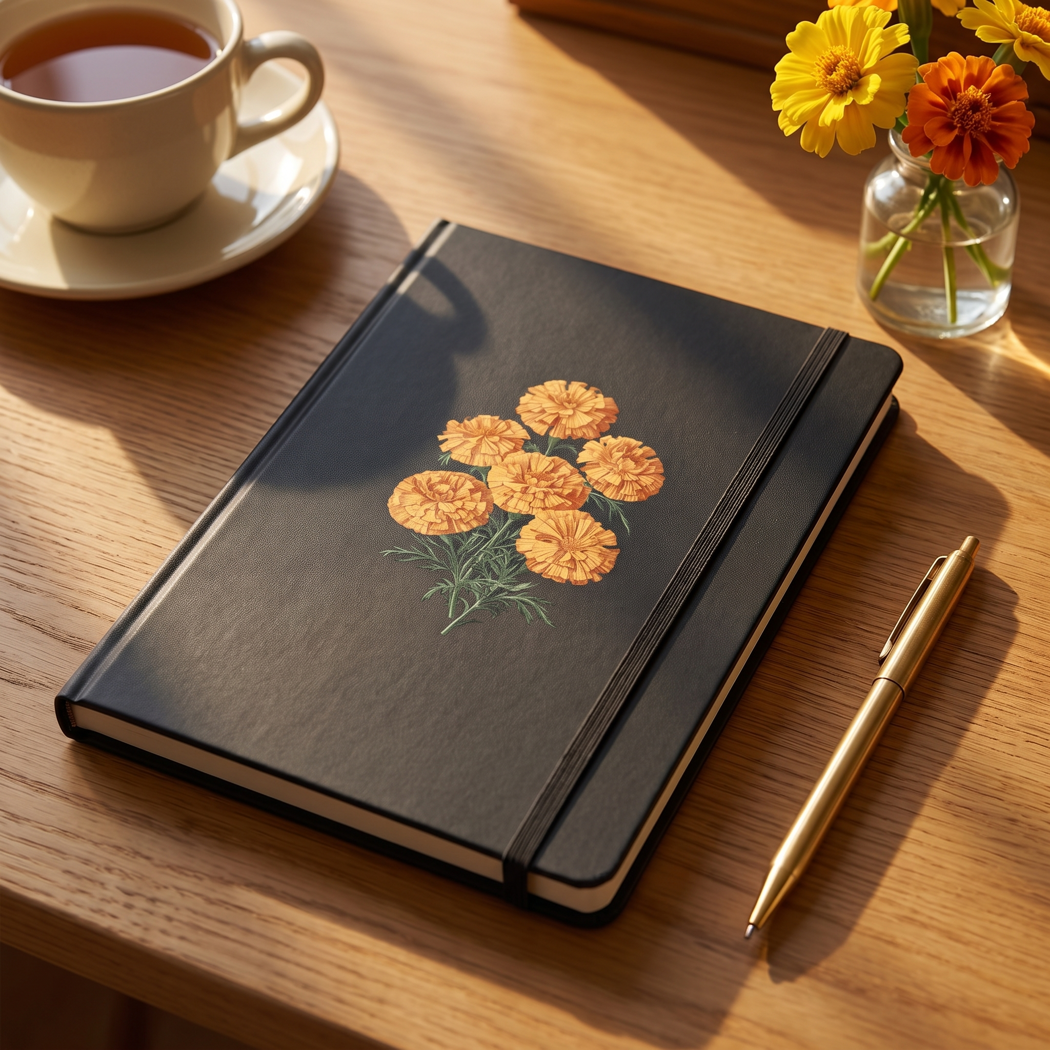 October Birth Month Flower - Marigold Hardcover Bound Notebook - Celebrate October with Marigold's Beauty! Available in 3 colors.