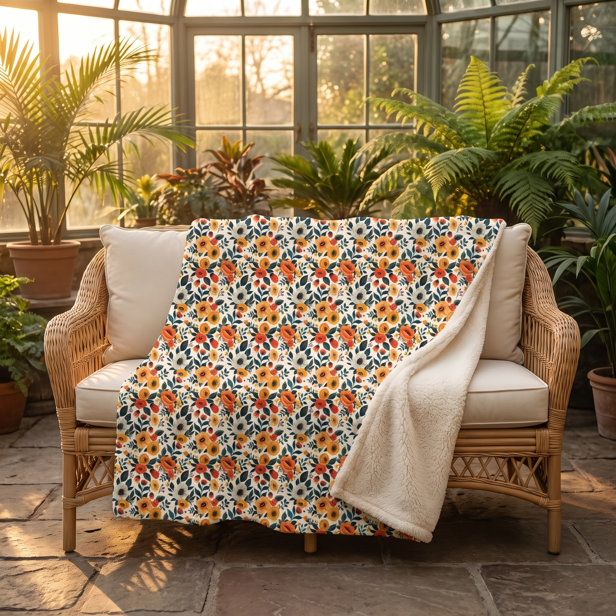 Golden Bloom Harmony Sherpa Fleece Blanket - Curl Up in Comfort - Bright Blooms for Blissful Days! Available in 2 sizes.