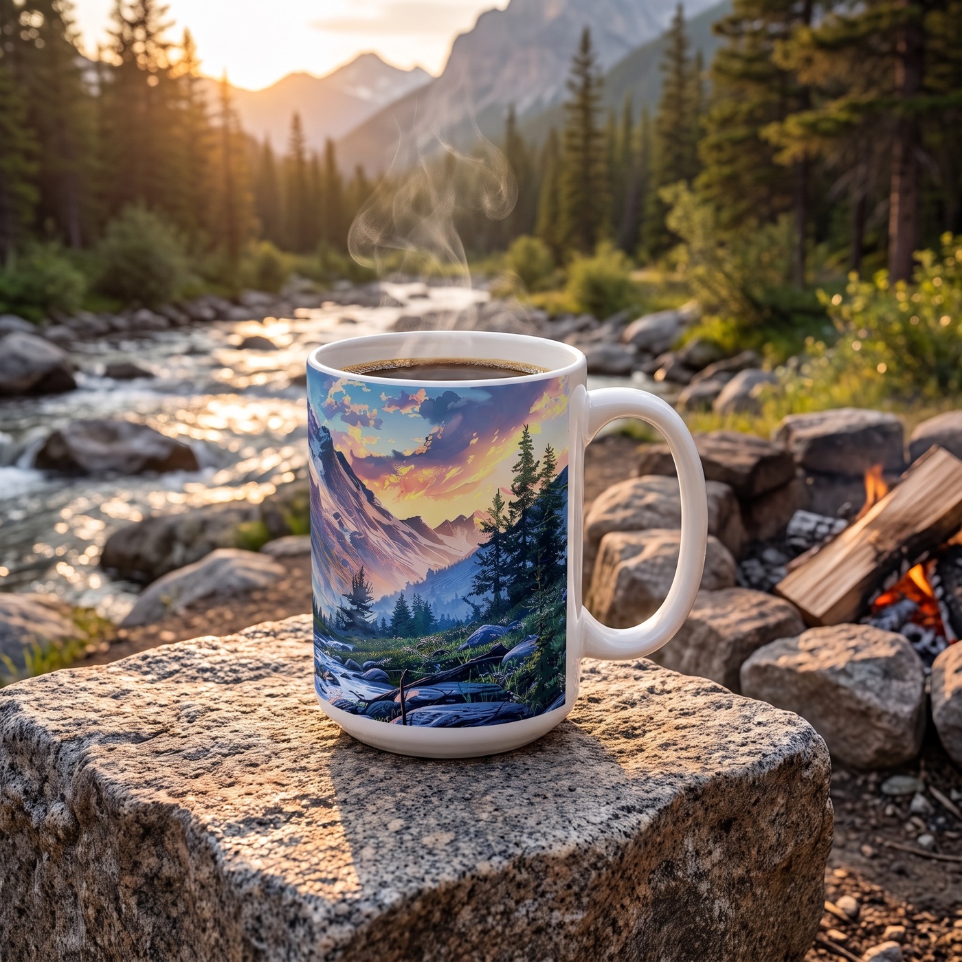 Mountain Creekside Campfire Ceramic Mug - 15 oz. - Campfire Vibes with