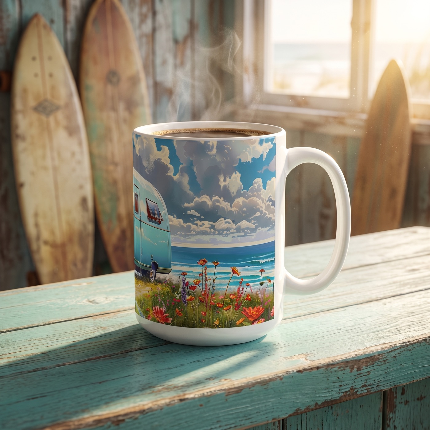 Retro Beach Bliss Ceramic Mug - 15 oz. - Sip into Retro Beachside Vibe