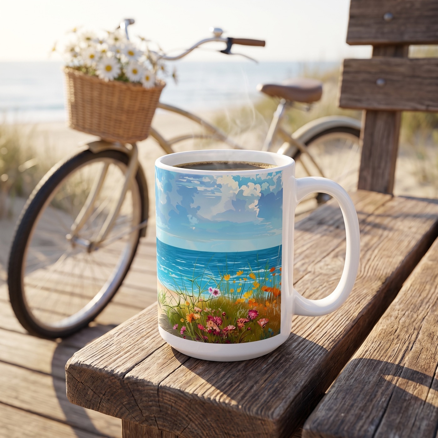 Daisy Beach Rider Ceramic Mug 15 oz. Ride the Waves of Flavor!