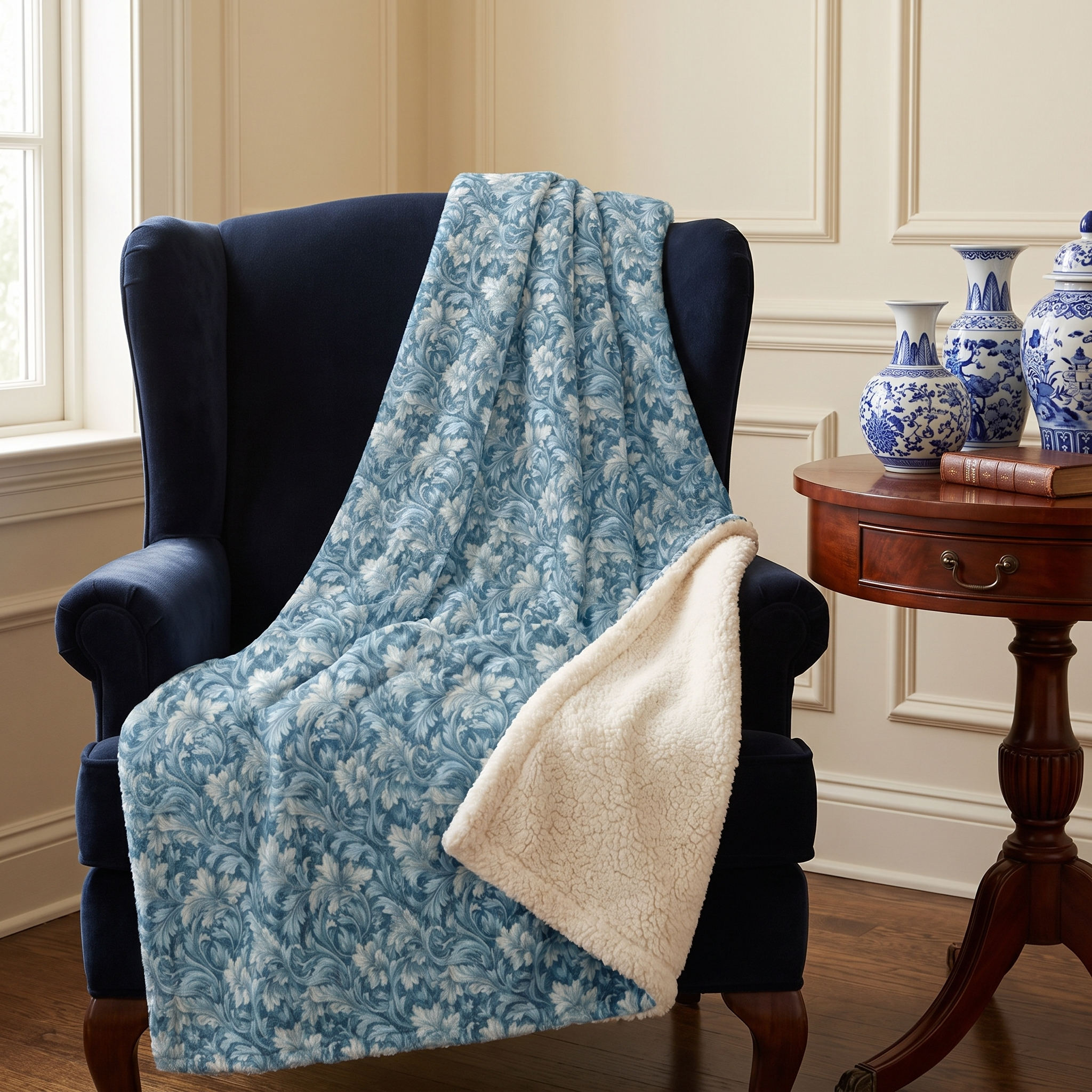 Soft Blue Leaf Tapestry Sherpa Fleece Blanket - Antique Charm, Modern Warmth: Snuggle Up with Soft Blue Leaf Tapestry! Available in 2 sizes.