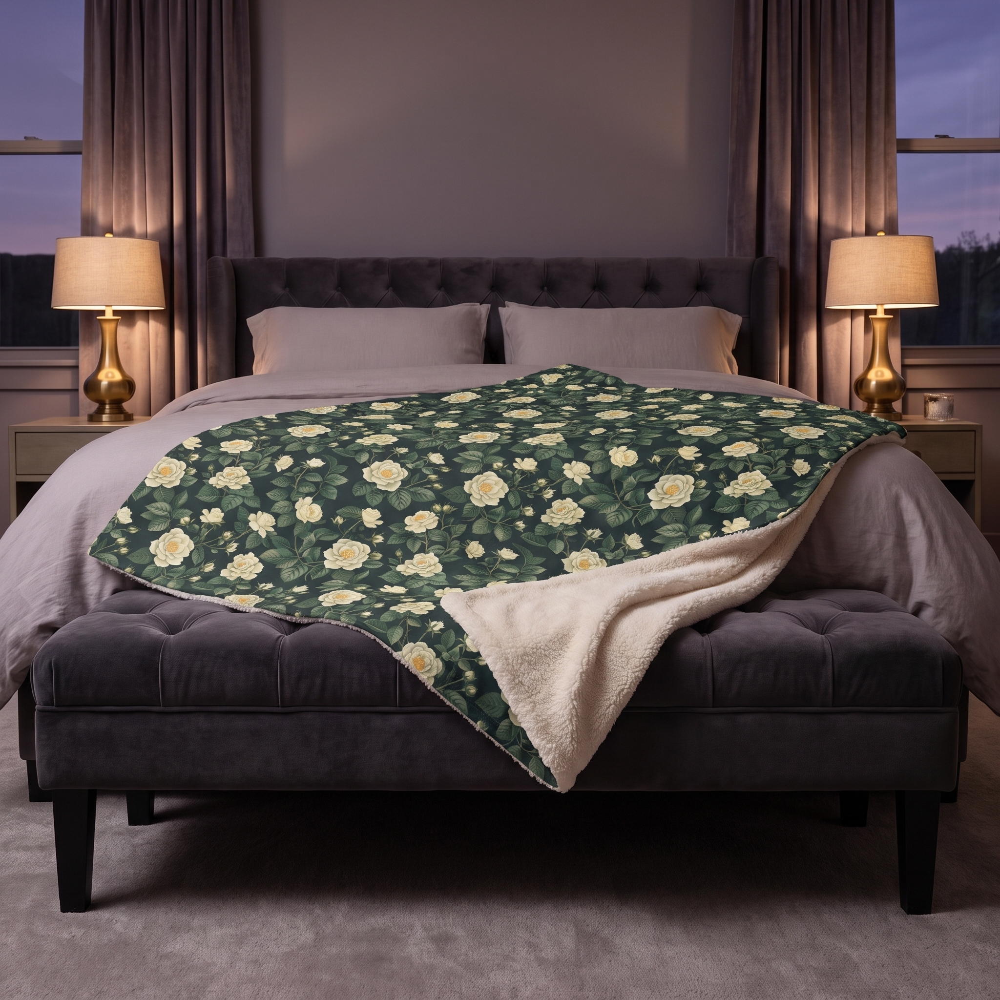 White Roses at Dusk Sherpa Fleece Blanket - Bloom in Elegance! Available in 2 sizes.