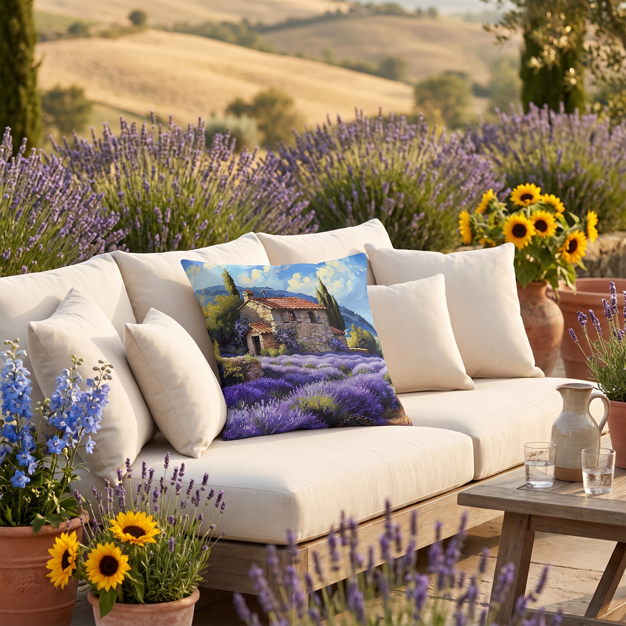 Tuscan Lavender Dreams Square Outdoor Pillow - Spun Polyester - Double-Sided Print - UV-Resistant - Water-Resistant - Available in 3 sizes.