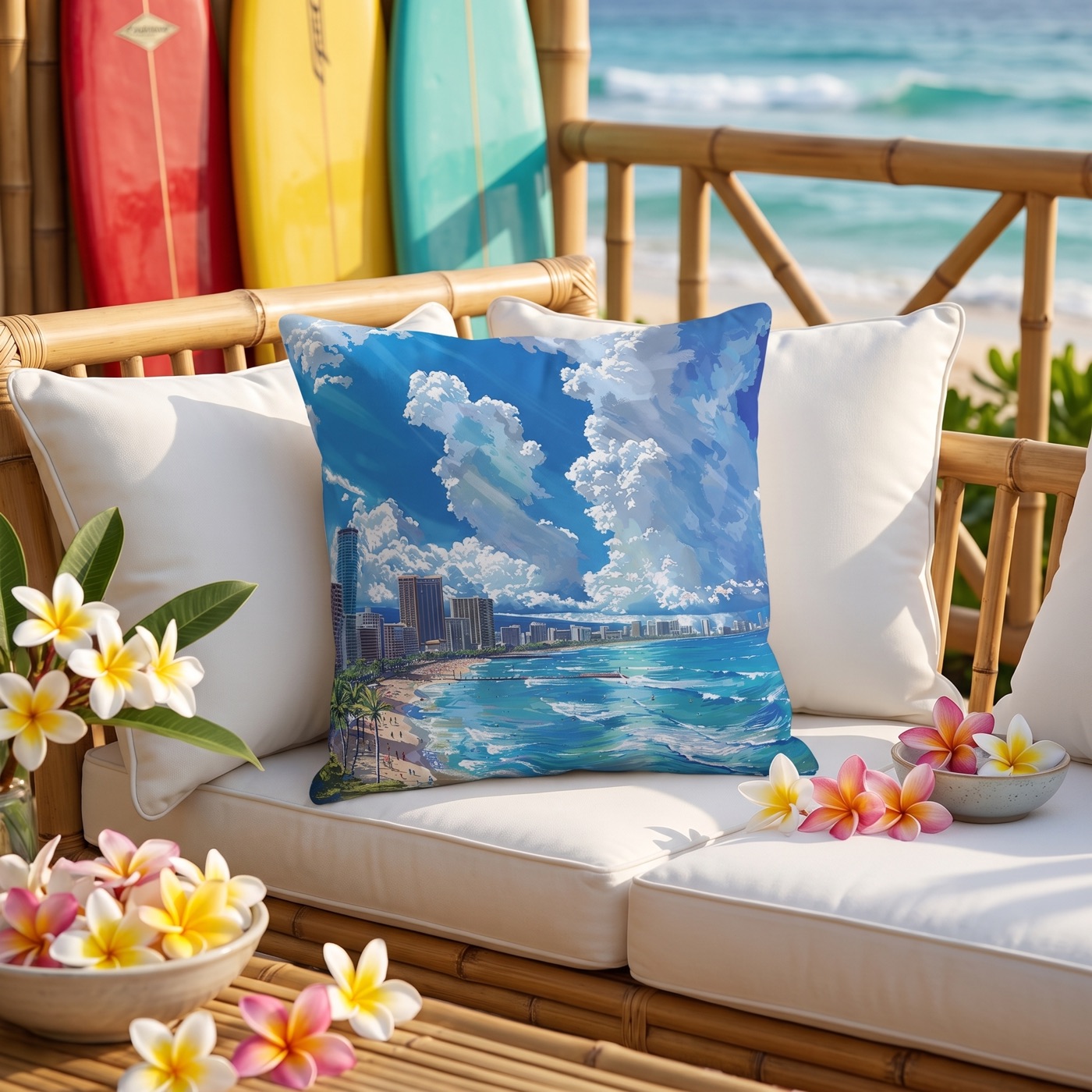 Waikiki Beach Square Outdoor Pillow - Spun Polyester - Double-Sided Pr