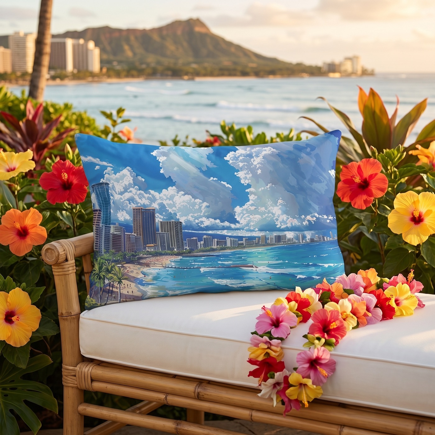 Waikiki Beach Outdoor Lumbar Pillow - Spun Polyester - Double-Sided Pr