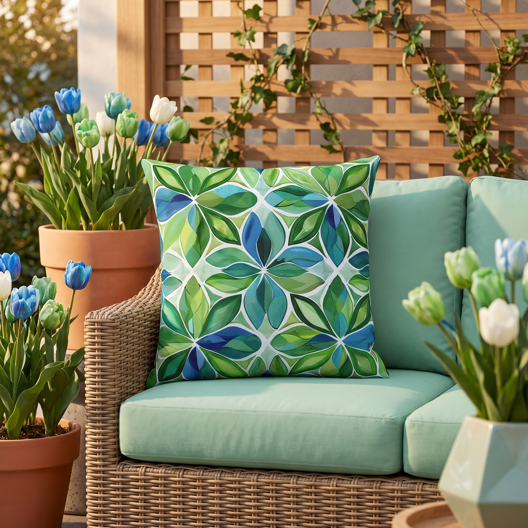 Spring Geo Flowers Square Outdoor Pillow - Spun Polyester - Double-Sided Print - UV-Resistant - Water-Resistant - Available in 3 sizes.