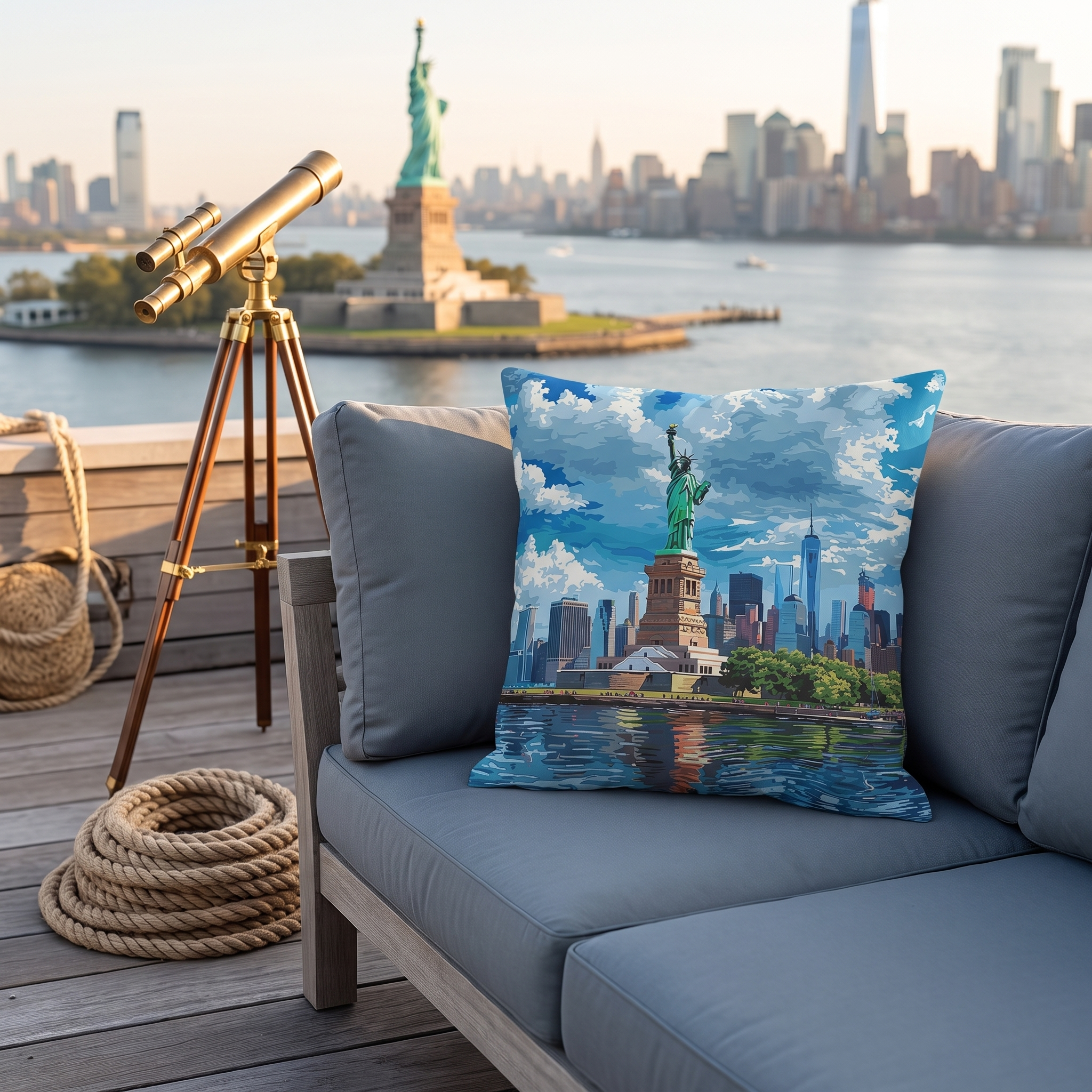 Statue of Liberty Square Outdoor Pillow - Spun Polyester - Double-Sided Print - UV-Resistant - Water Resistant - Available in 3 sizes.