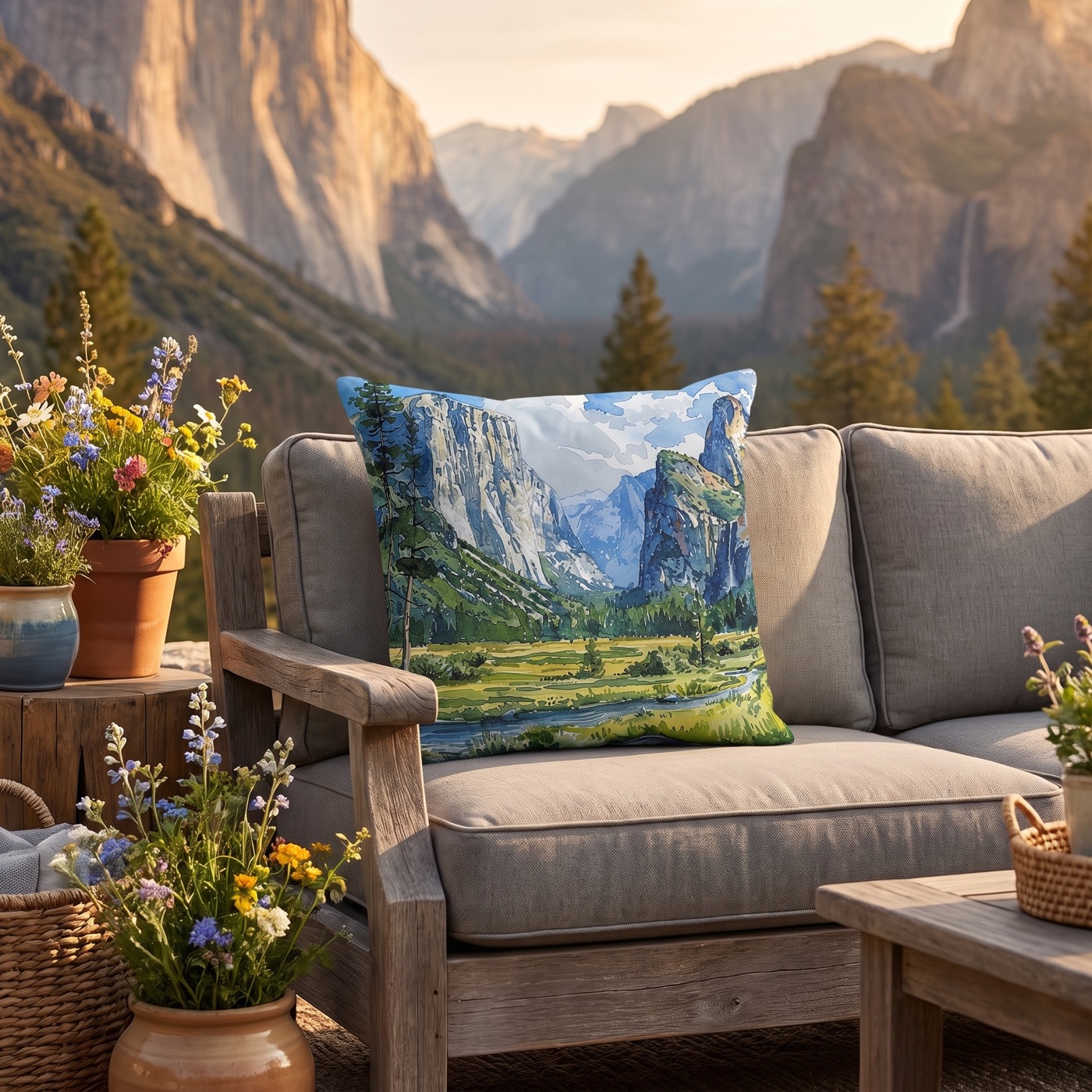 Yosemite Valley Vista Square Outdoor Pillow - Spun Polyester - Double-