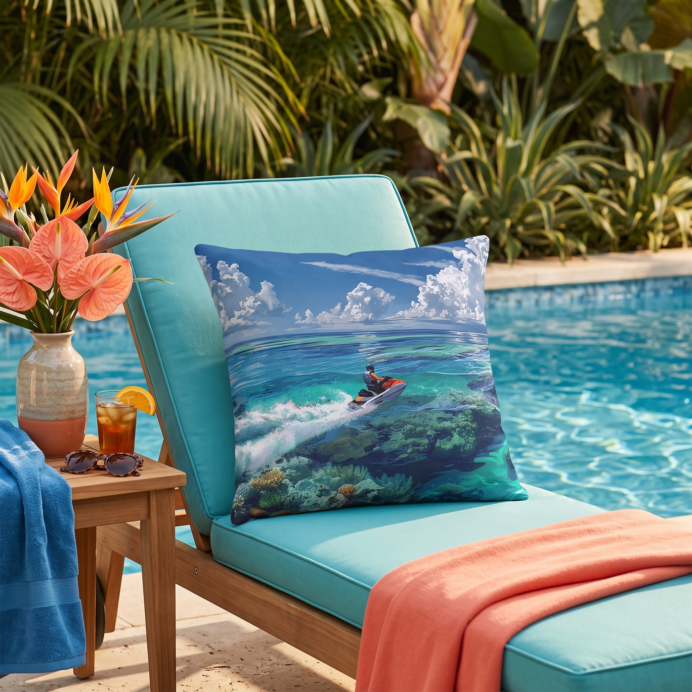Jet Ski Tropical Paradise Square Outdoor Pillow - Spun Polyester - Dou