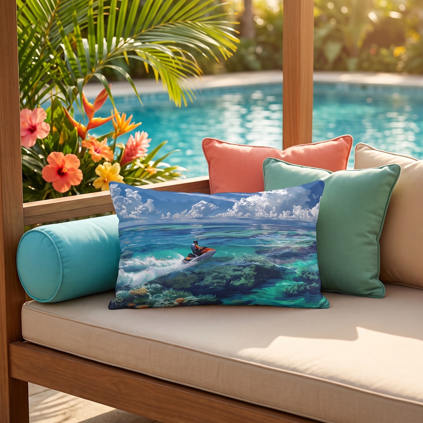Jet Ski Tropical Paradise Outdoor Lumbar Pillow — Outdoor Lumbar Pillow