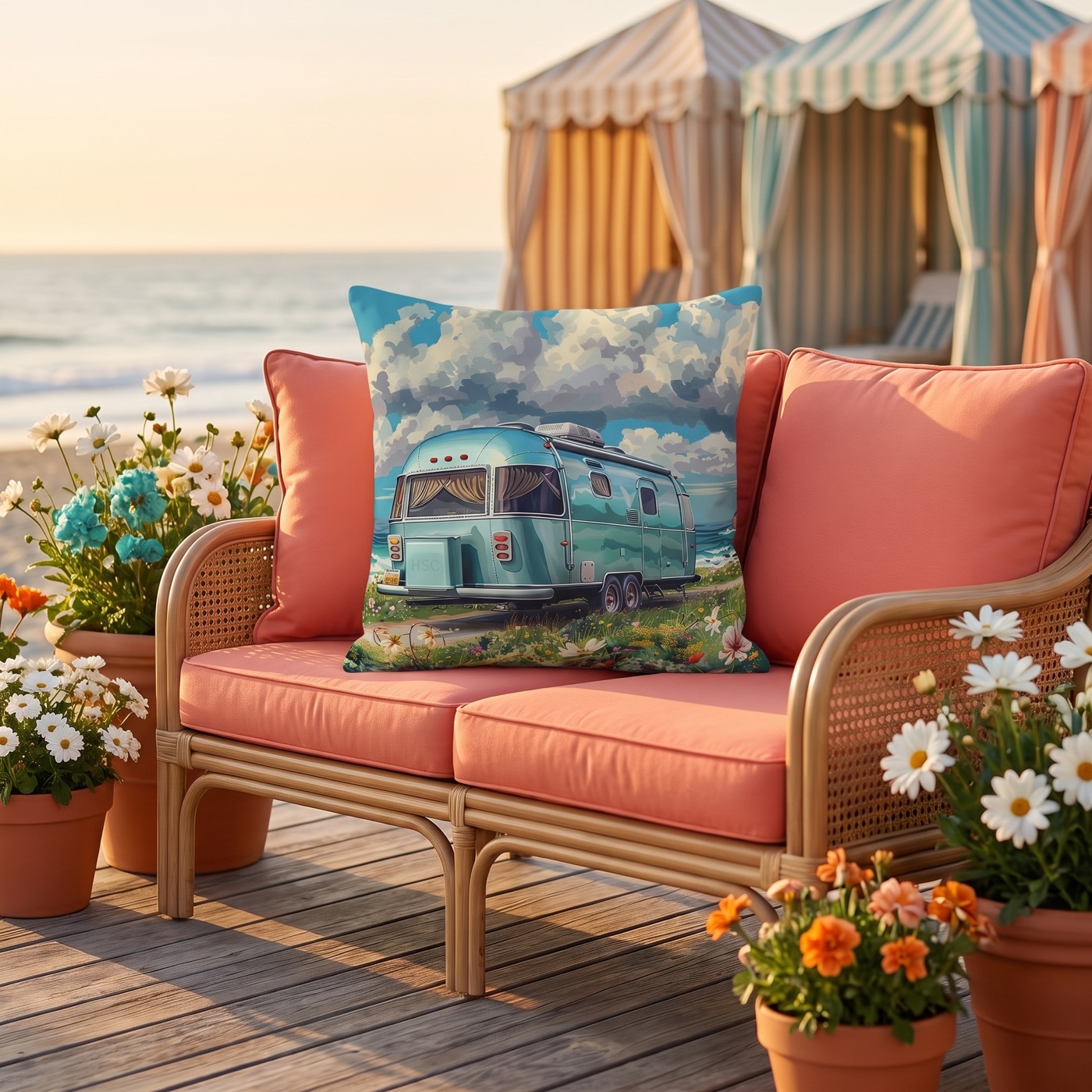Retro Beach Bliss Square Outdoor Pillow — Outdoor Throw Pillow