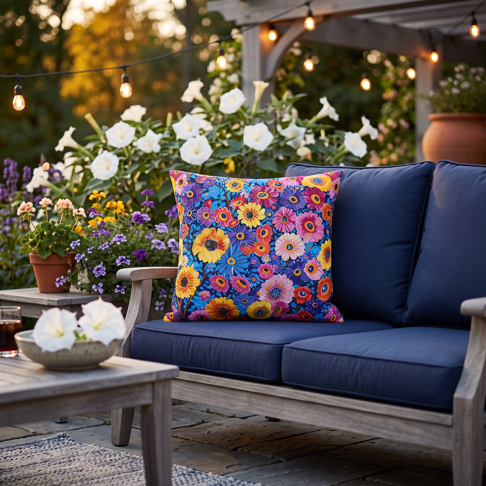 Midnight Garden Whimsy Square Outdoor Pillow - Spun Polyester - Double-Sided Print - UV-Resistant - Water Resistant - Available in 3 sizes.