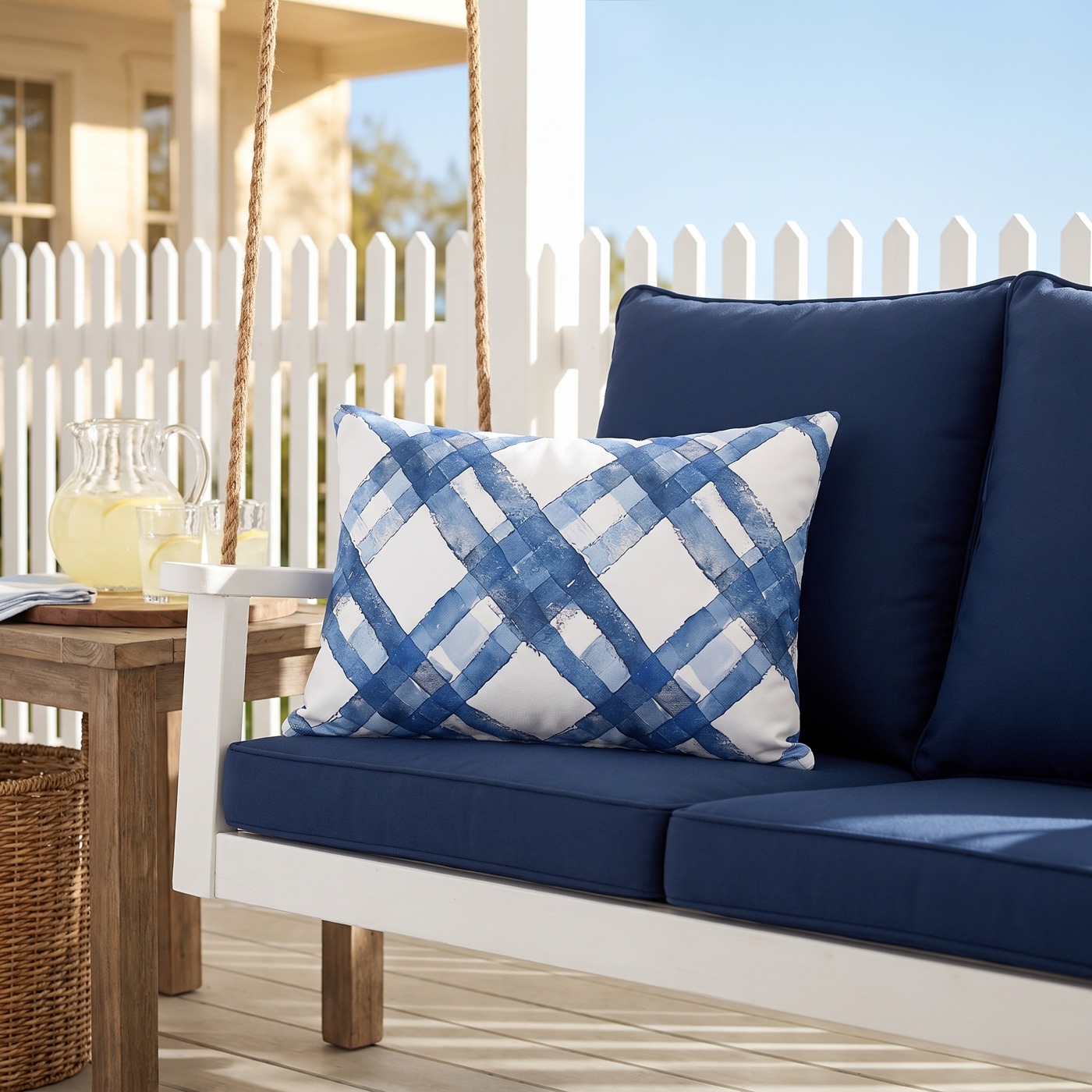 Blue Breeze Gingham Outdoor Lumbar Pillow - Spun Polyester - Double-Si
