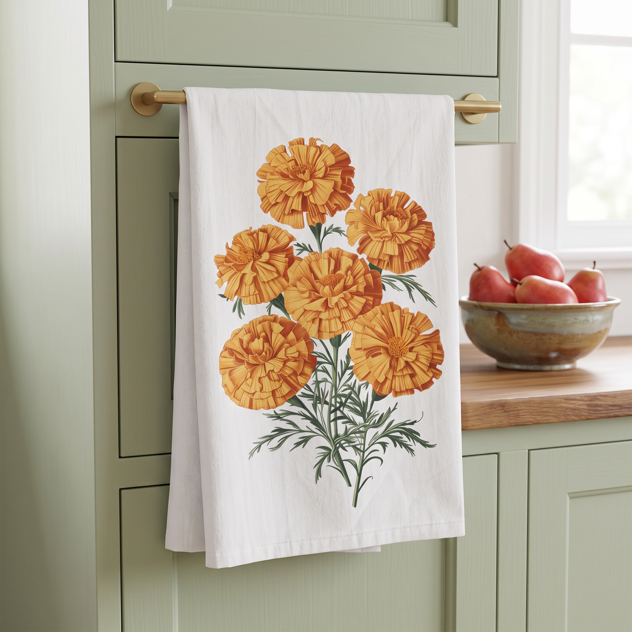 October Birth Month Flower - Marigold Tea Towel - 100% Cotton - 28" x 28" - From our Blooming Celebration Birth Flower Collection.