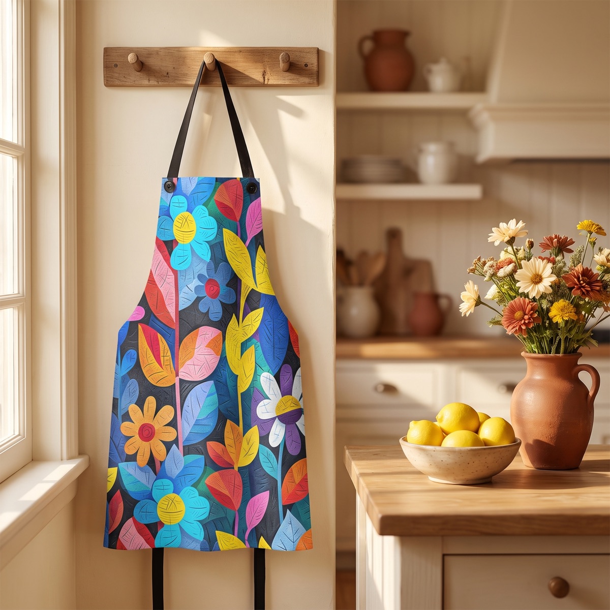 Home & Kitchen — Rhapsody in Bloom apron hanging in a sunlit farmhouse kitchen
