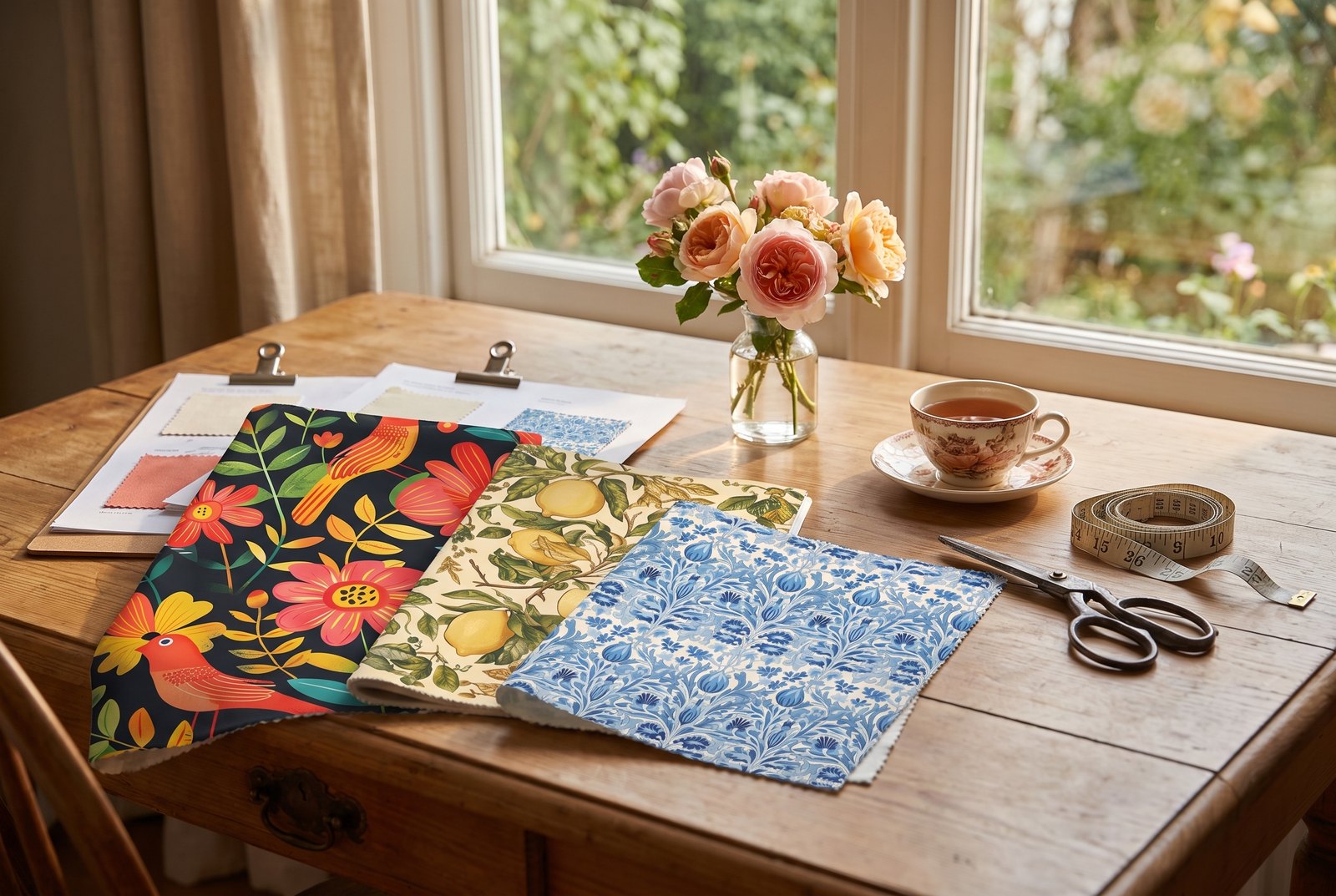 The Bliss Road worktable — pattern proofs and fabric swatches in morning light