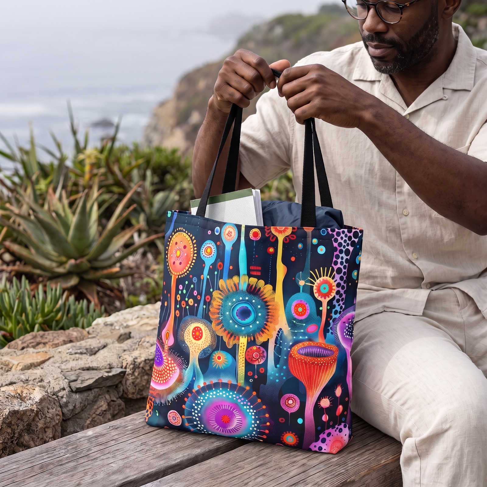 Surreal Seascape Forest Tote Bag - Step into a Surreal Sci-Fi Seascape with Every Carry! Available in 3 sizes.