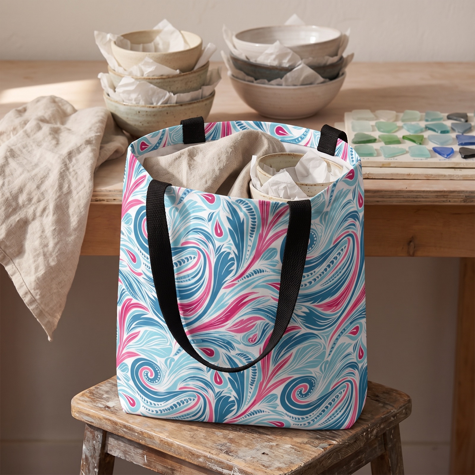 Teal Tide Twirl Tote Bag - Go Through Life with Coastal Charm! Available in 3 sizes.