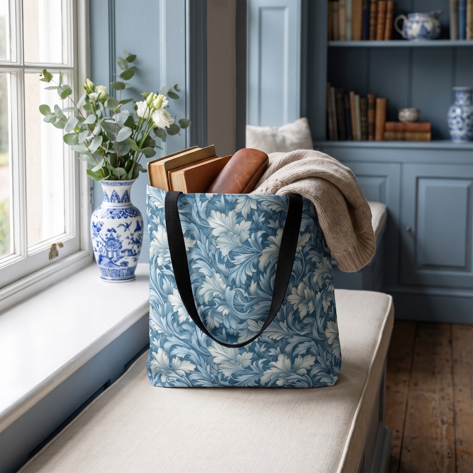 Soft Blue Leaf Tapestry Tote Bag - Leaf Through History with Every Carry! Available in 3 sizes.