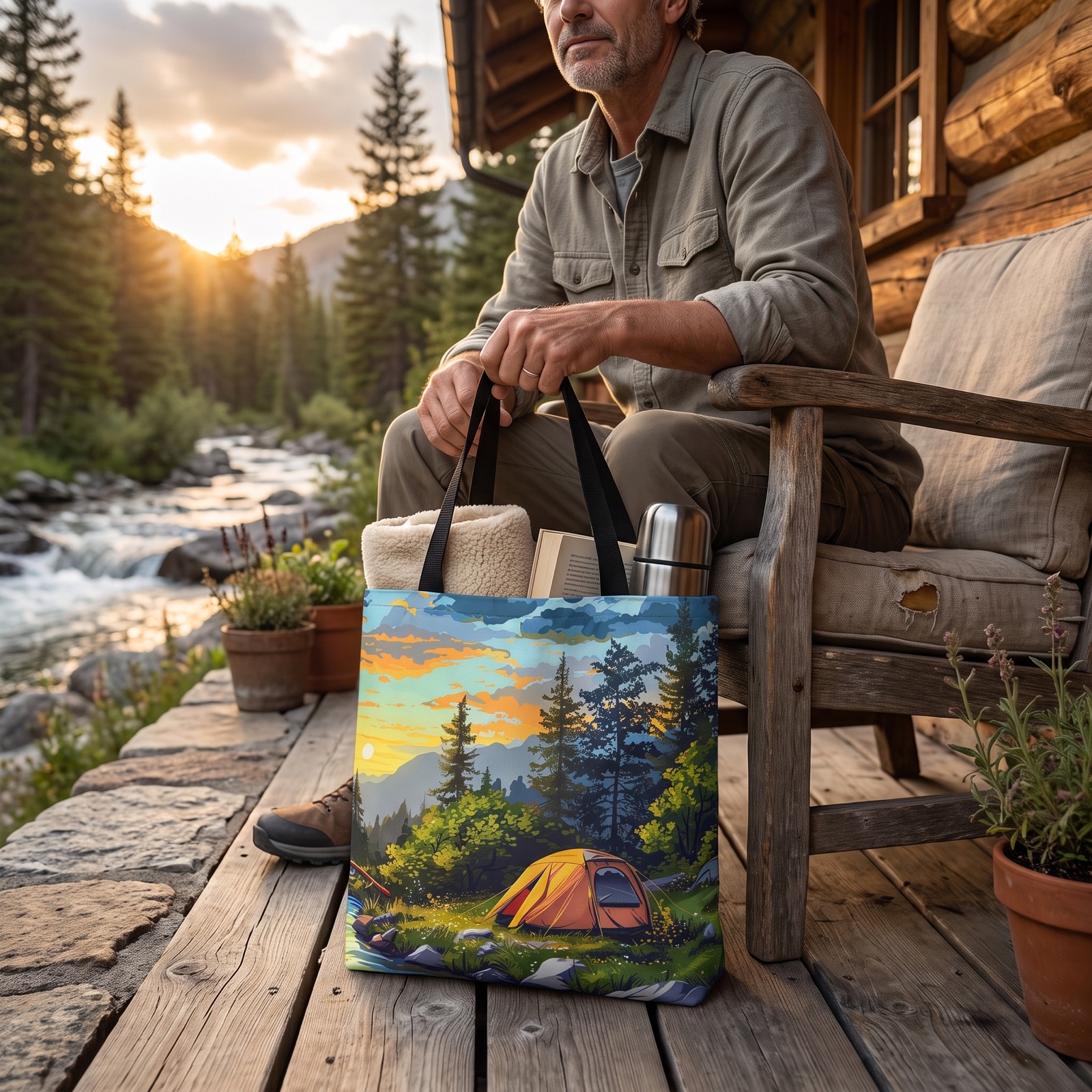 Sunset Mountain Retreat Tote Bag - Carry the Serenity of Camping Next to a Mountain Stream with You! Available in 3 sizes.