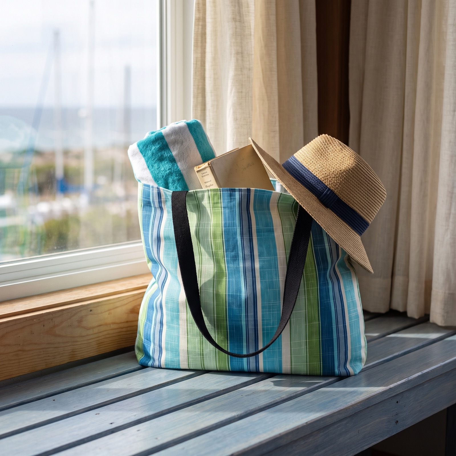 Ocean Whisper Stripes tote bag with its matching accessory pouch