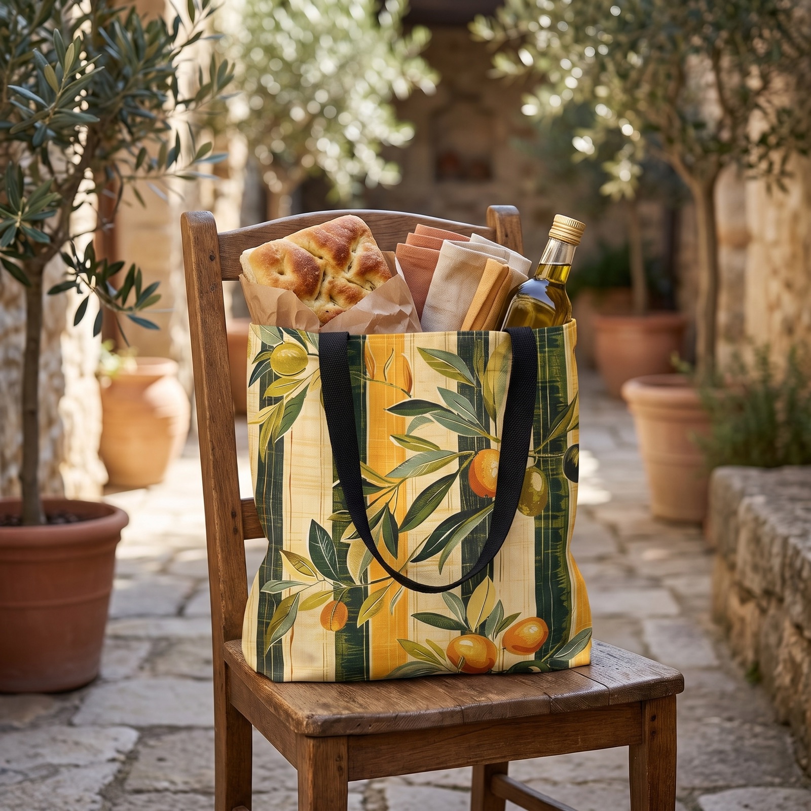 Golden Olive Grove Tote Bag - Where Stripes Meet the Splendor of the Olive Grove! Available in 3 sizes.